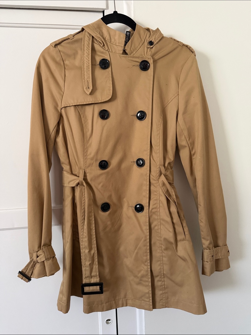 Divided Tan Double-Breasted Hooded Trench Coat